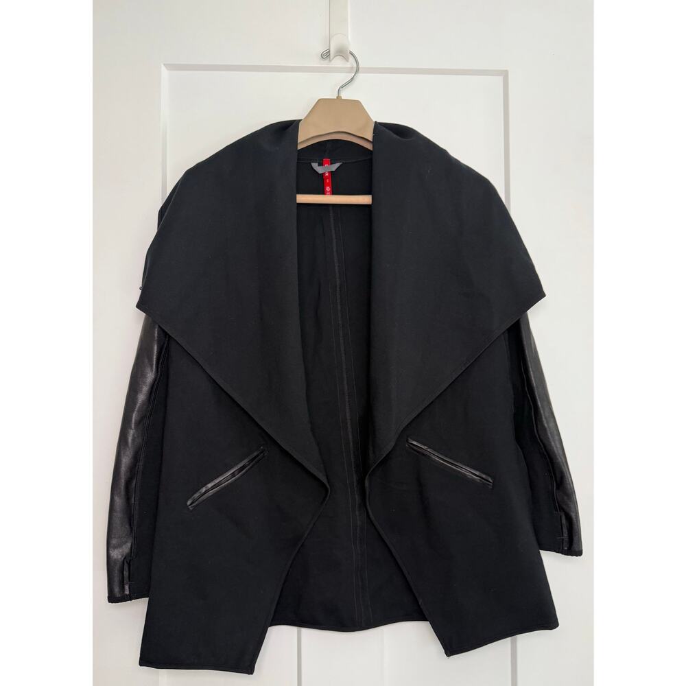 SPANX Drape Front Jacket Ponte Faux Leather Wrap Cardigan Waterfall Black XS